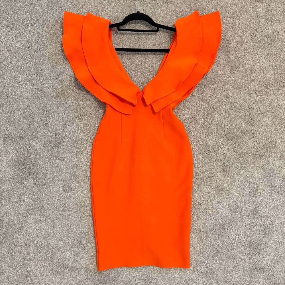 Marc Defang V Neck Ruffle Sleeve Bandage Dress Neon Orange